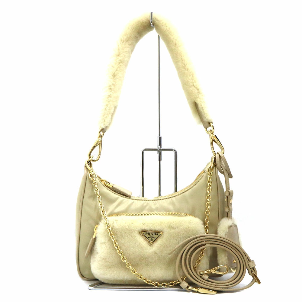 Prada One Shoulder Hobo Bag Sheepskin Beige